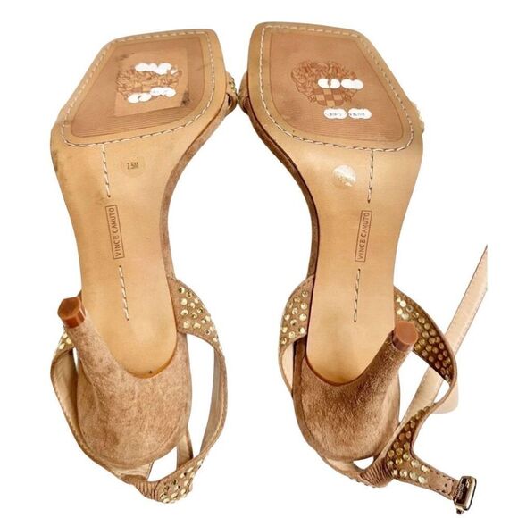 Vince Camuto Sandals Size 7.5 Tan Leather Saprenda Rhinestone Square Toe Ankle S - Picture 6 of 6